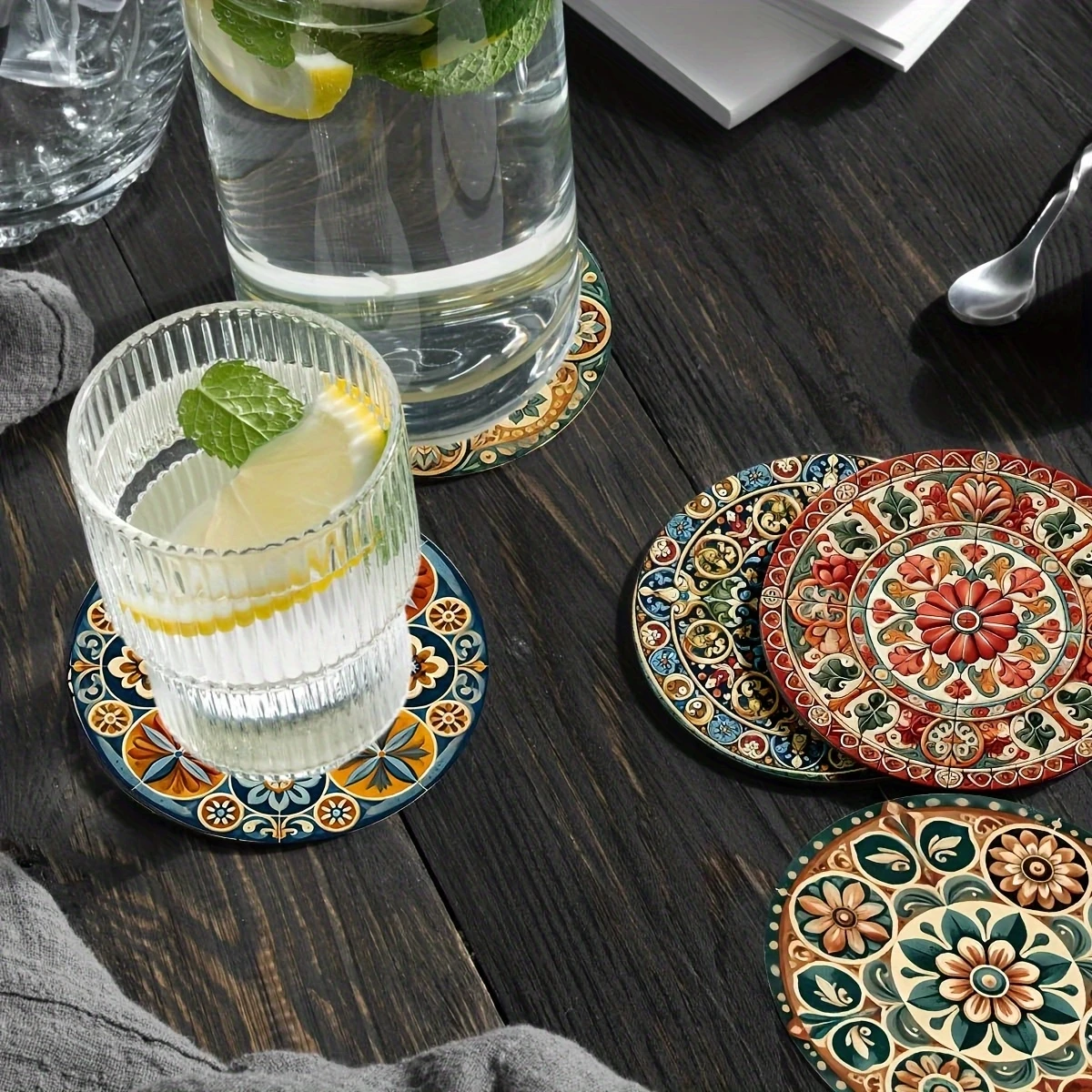 8pcs Moroccan Mandorla 2D Wooden Coasters Set Artistic Circular Beverage Markers for Coffee Tea Home Dining Table Decoration