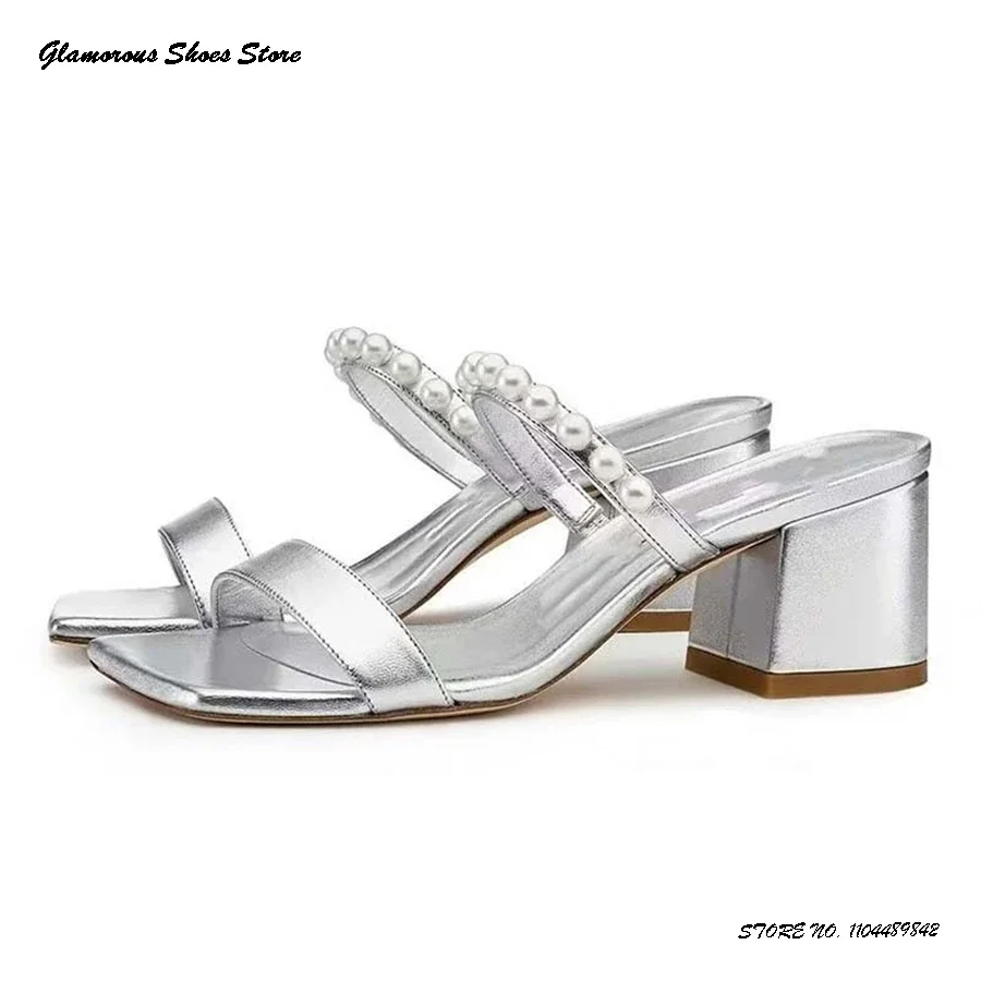 

Кожаные сабо с украшением из искусственного жемчуга, женские повседневные туфли на блочном каблуке с квадратным открытым носком, летние кожаные современные тапочки на шнуровке