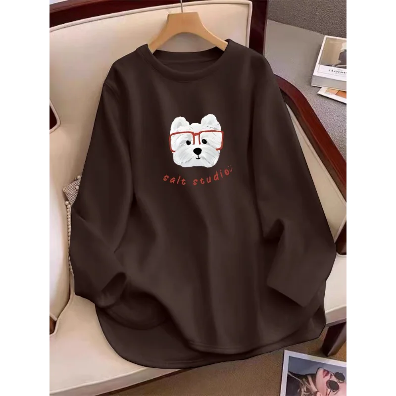 2025 Autumn and Winter New T-shirt Women's Spliced Printed Fashion Loose Long-Sleeved German Velvet Casual Top