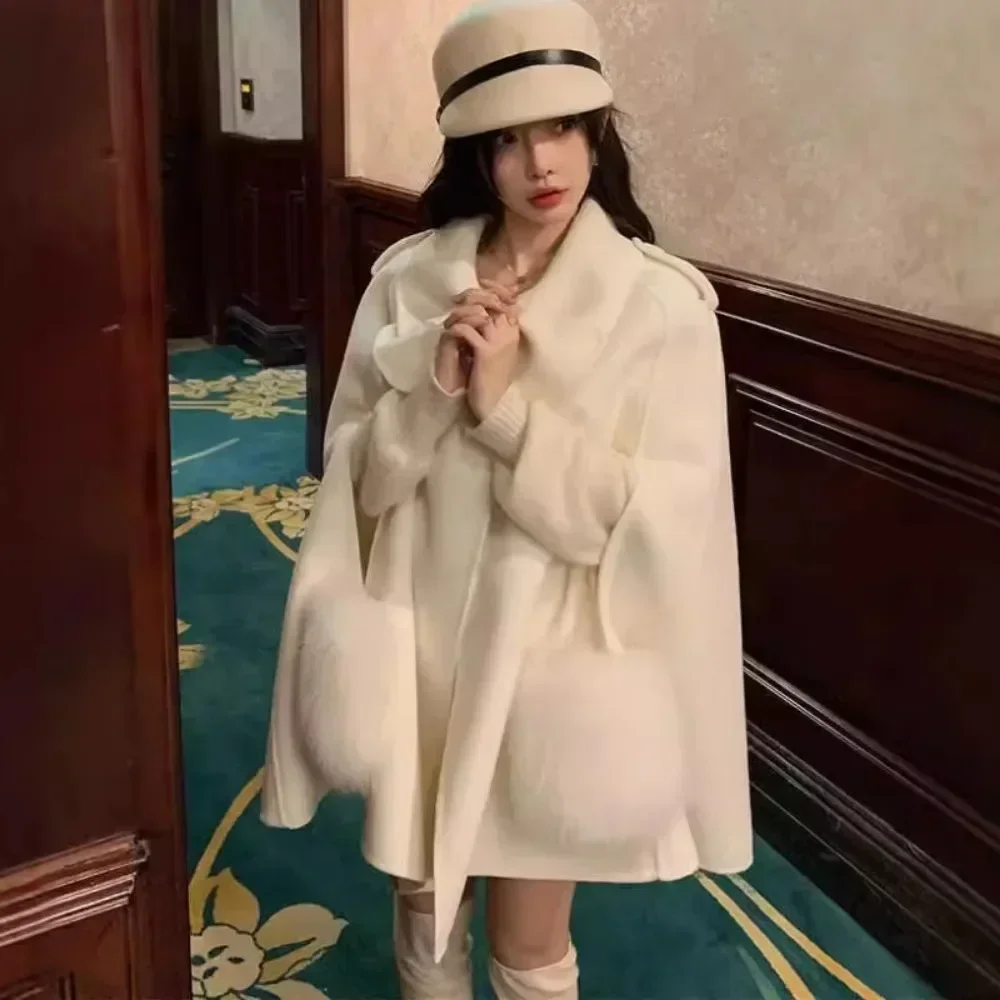 女性用両面カシミヤジャケット,キツネの毛皮のコート,ウールのショール,ハイエンドのマント,娘,新しいスタイル,秋,冬,2022
