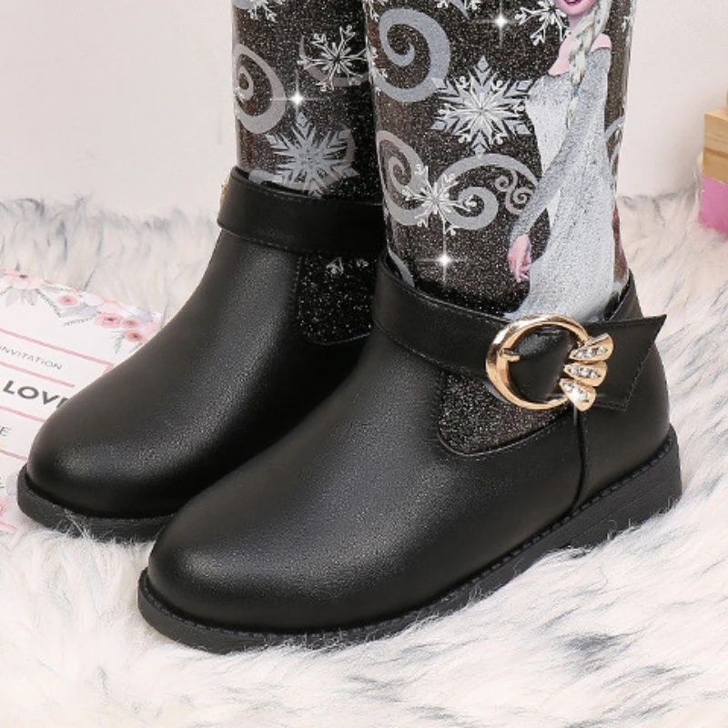 Disney Princess Elsa High Knee-length Boots Girls High-heeled Autumn Winter Warm Children Sequins Snow Shoes Frozen Boots