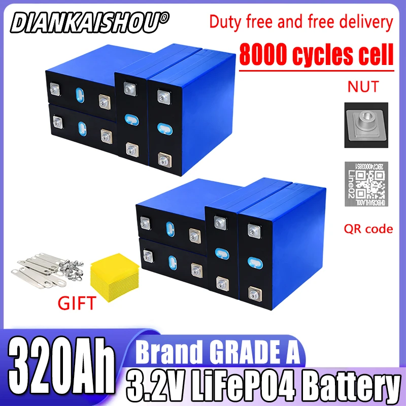 

NEW 8 PCS 3.2V 320Ah Lifepo4 rechargeable battery GRADE A DIY 12V 24V 48V RV solar storage golf cart battery pack EU/US TAX-FREE