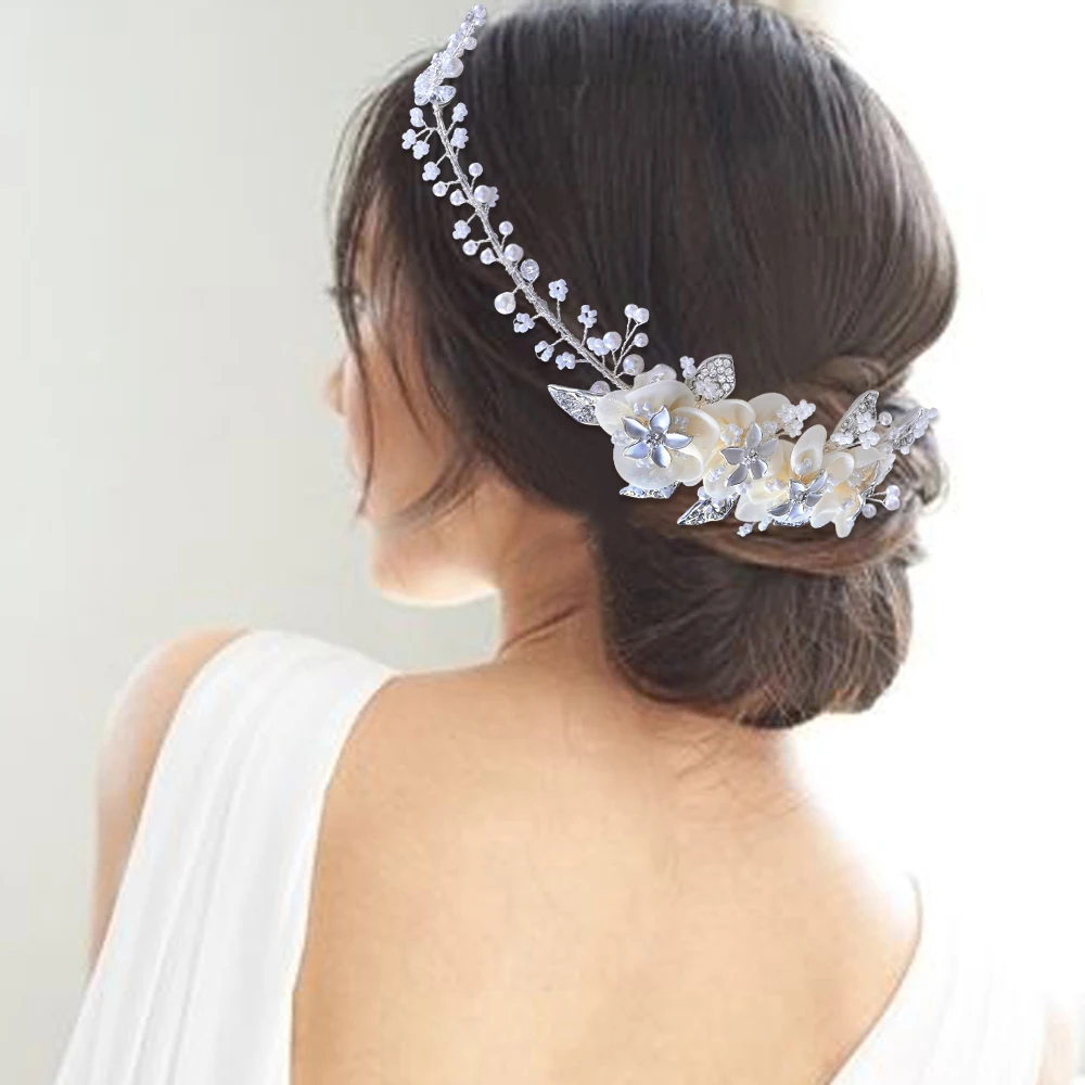 Bridal Hair Accessories Pearls Headband Shinning Alloy Flower Leaf Bride Guest Wedding Headdress Women’s White Fascinator