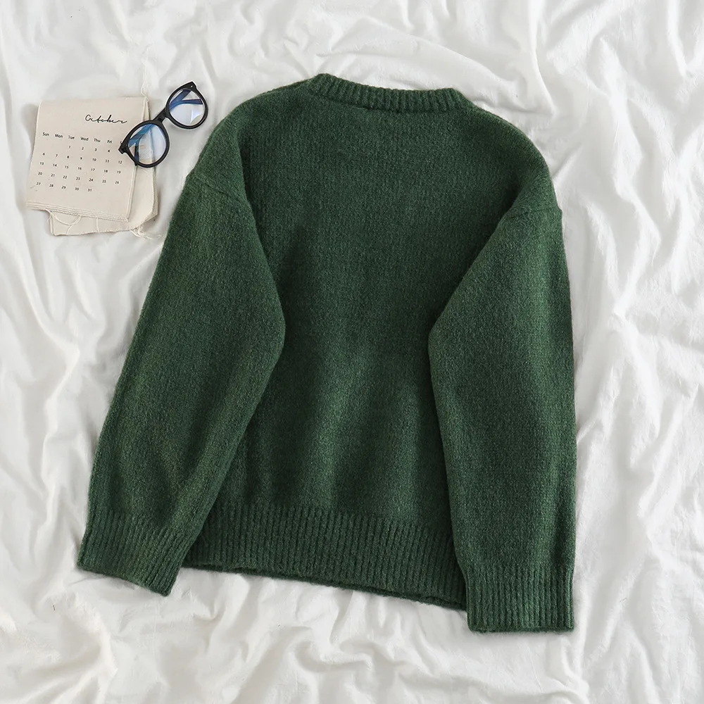 Green Knitted Sweaters Women Fashion Warm Jumper Female Casual Loose Pullover Women Round Neck Long Sleeve Sweater