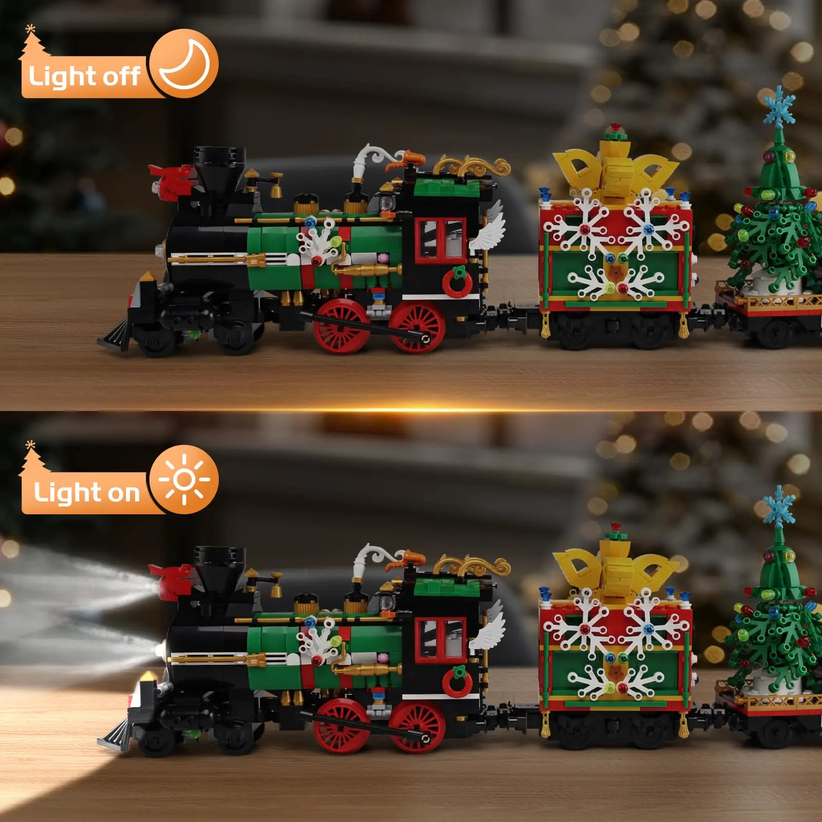 MK 1296 Pcs Christmas Train Building Kit with Motor & LED Lights - Collectible Holiday Display Model w/Track for Kids 8+ , Adult
