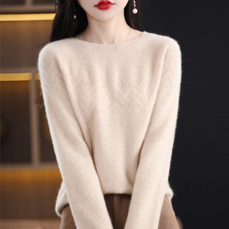 

Autumn Winter 100% Pure Wool Monogram Sweater Women First Line Seamless O-neck Pullover Basis Casual Cashmere Knitting Top