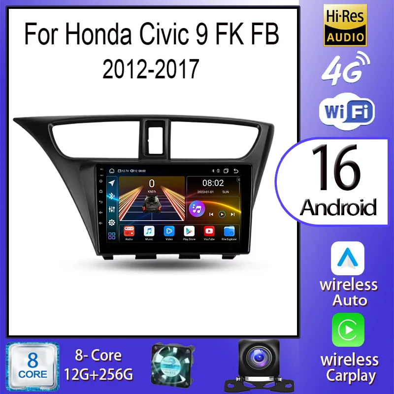 Android 16 Carplay Auto For Honda Civic 9 FK FB 2012 - 2017 Car Radio Multimedia Video Player Navigation Stereo GPS DSP 5G WIFI