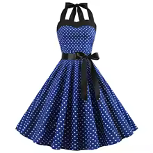 Chic Vintage Homecoming Dresses Halter Polka Dot Print - Blue