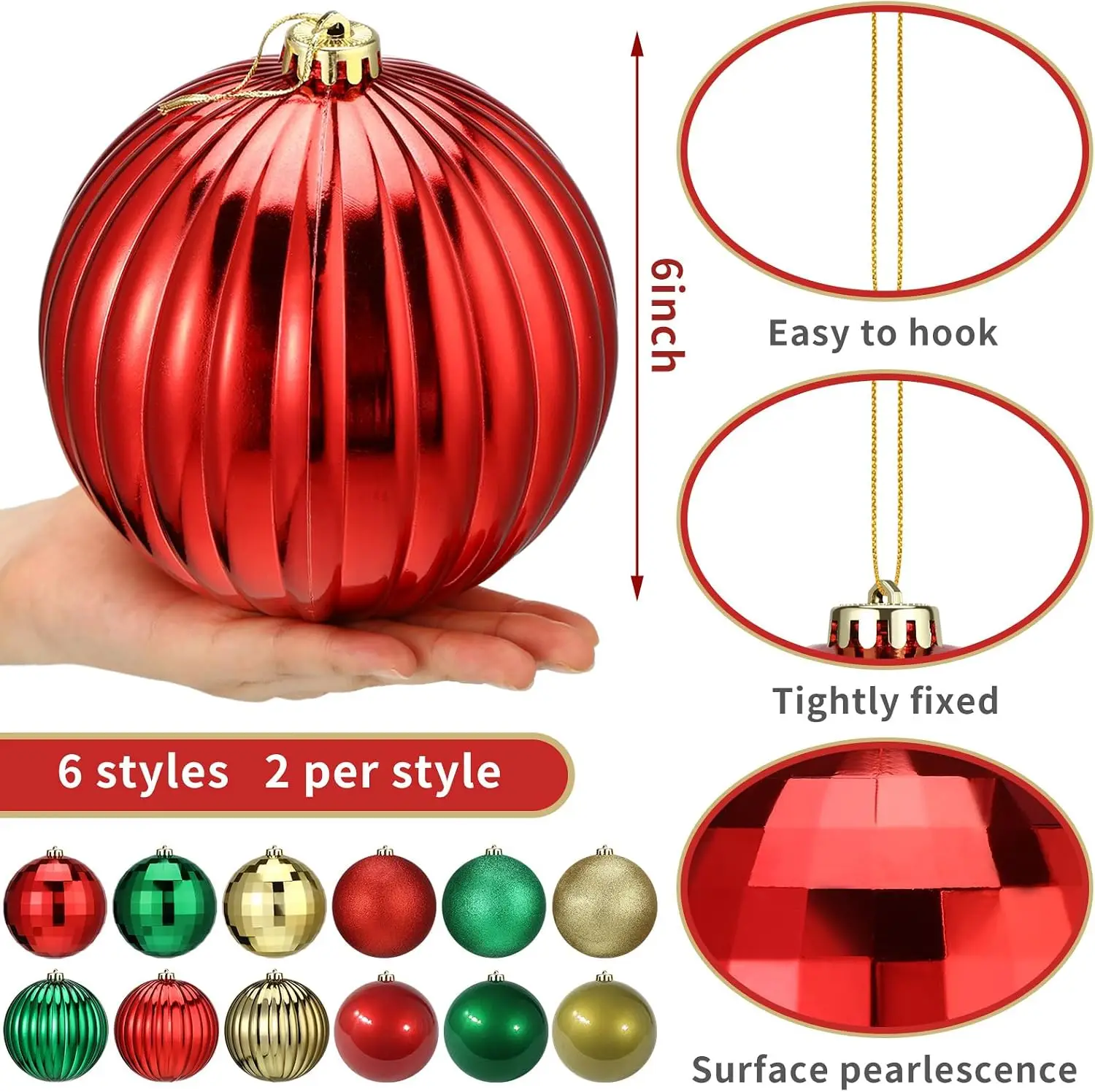 Christmas Ball Ornaments, Classic Shatterproof 12-Piece Set, 6 Inch