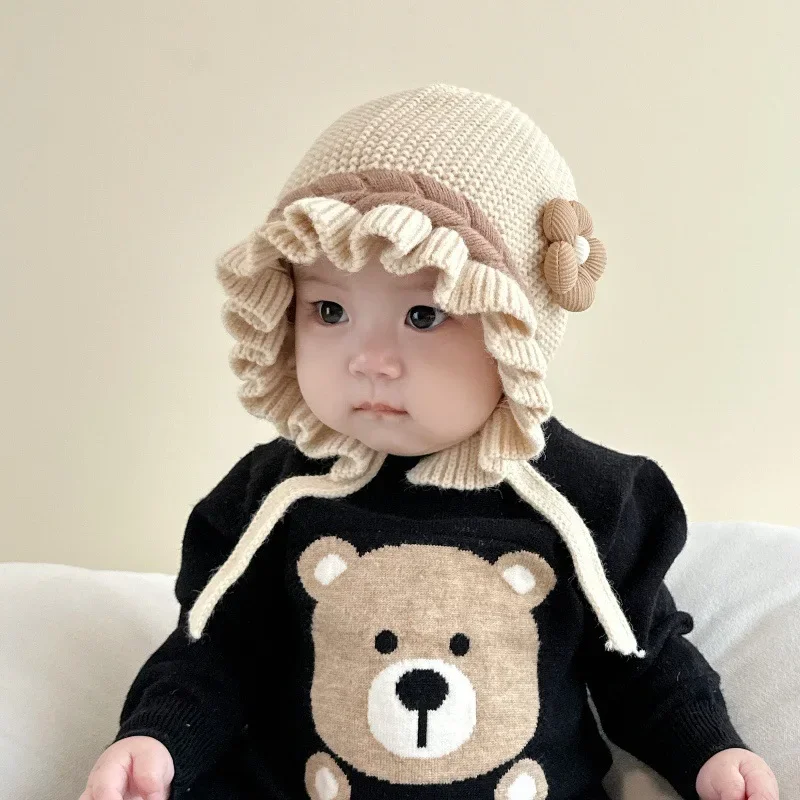 Topi bayi perempuan musim dingin bunga lucu topi pelindung telinga bayi perempuan jari kaki Plus lapisan katun rajutan anak perempuan Beanie