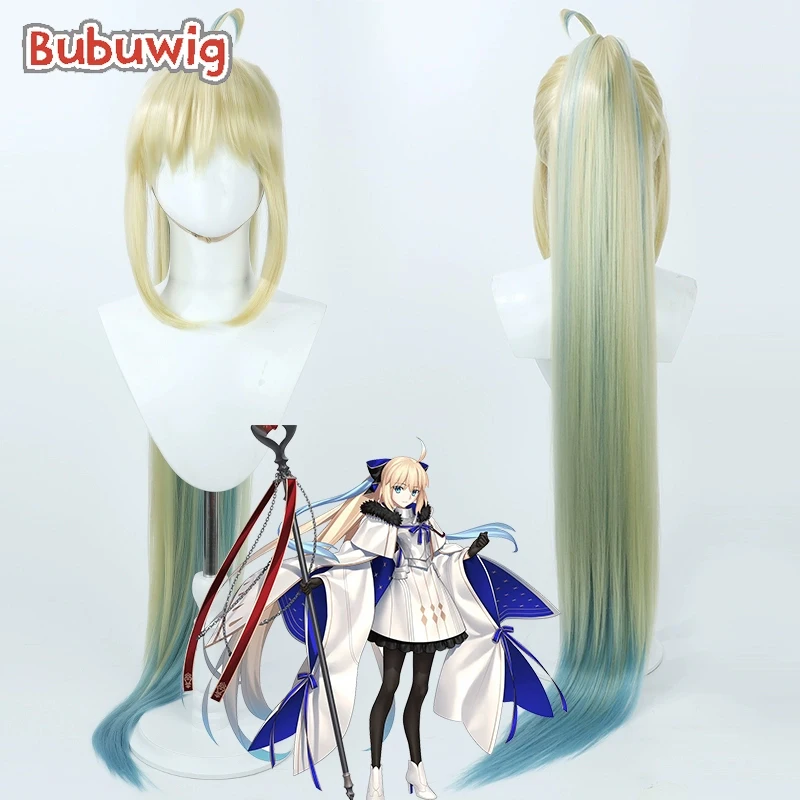 Bubuwig Synthetic Hair Aesc the Savior Cosplay Wigs Game FGO Aesc the Savior 120cm Blonde Mixed Blue Ponytail Wig Heat Resistant