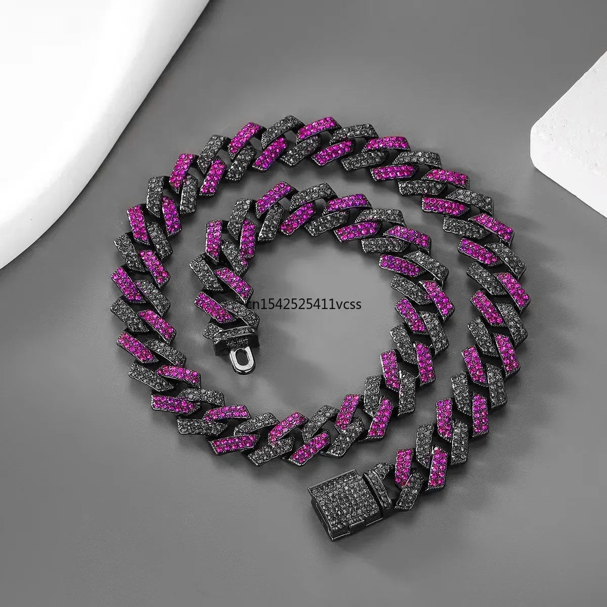 14/15mm Purple black blue pink Crystal Cuban Chain Choker Necklace For Women Men Bling Paved Rhinestone hip Hop Jewelry Novelty