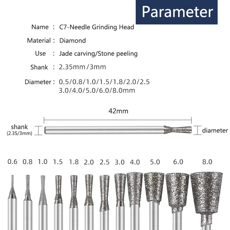 10Pcs 0.8~5mm C7 Inverted Trapezoid Diamond Burr Grinding Engraving Bit 2.35/3mm Shank Polishing Head for Dremel Rotary Tools