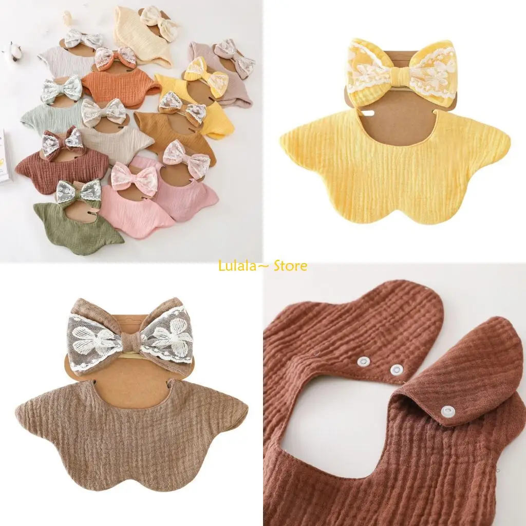 

Y4QA Protective Infant Bib with Elegant Bowknot Headband Cotton Burp Cloth Absorbent
