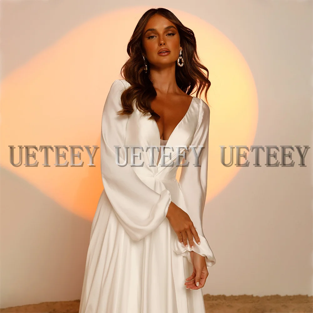 UETEEY – robe de mariée en Satin moderne, tenue de soirée de mariage, sur mesure, décolleté plongeant en v, manches longues, dos nu, ligne a, 2022