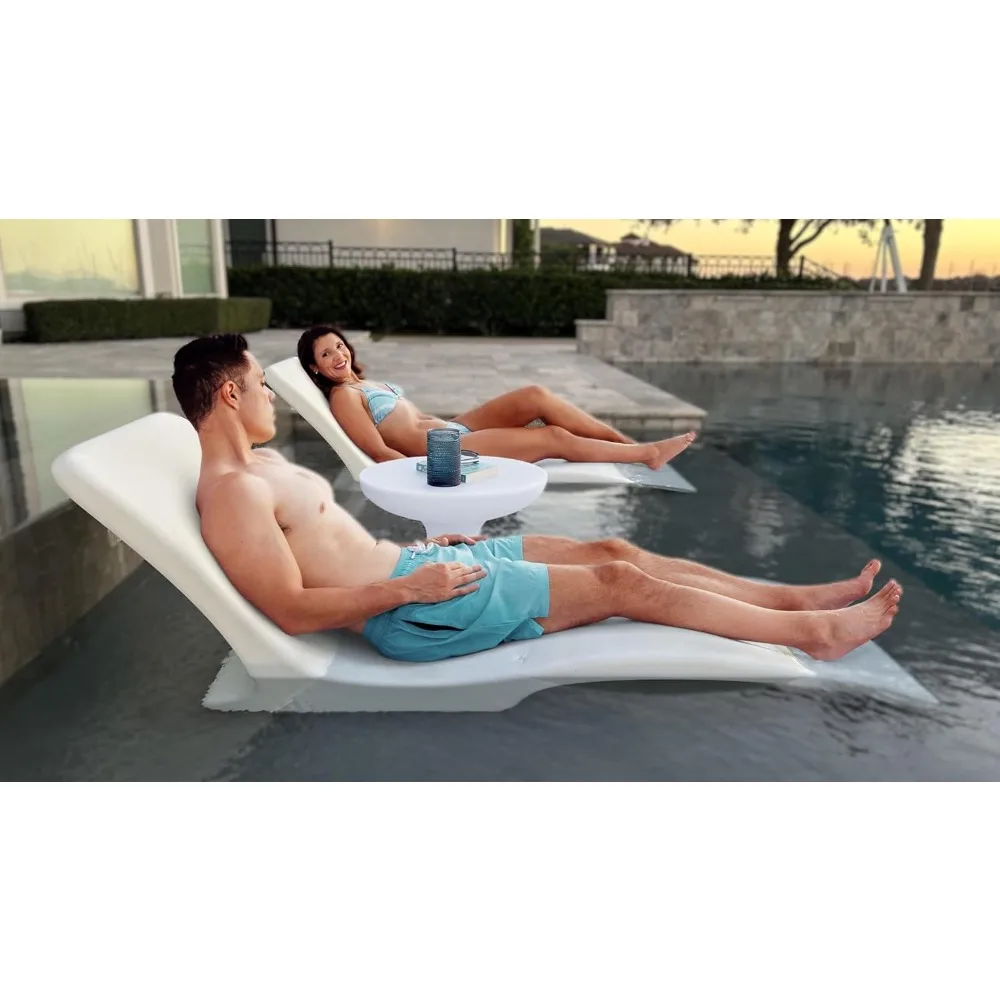 in Pool Chaise Lounge Chairs Set of 2 with Hourglass Side Table for Baja Sun Tanning Shelf Ledge, Handy Cup Holder, White