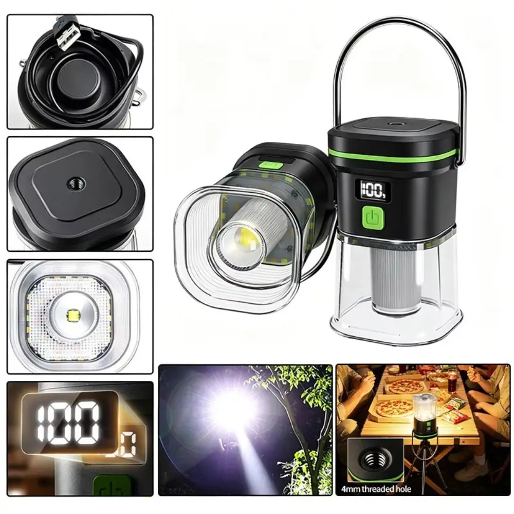 Long Battery Life Camping Lantern Triple Light Source White Yellow Red Light LED Camping Light Digital Display USB Rechargeable