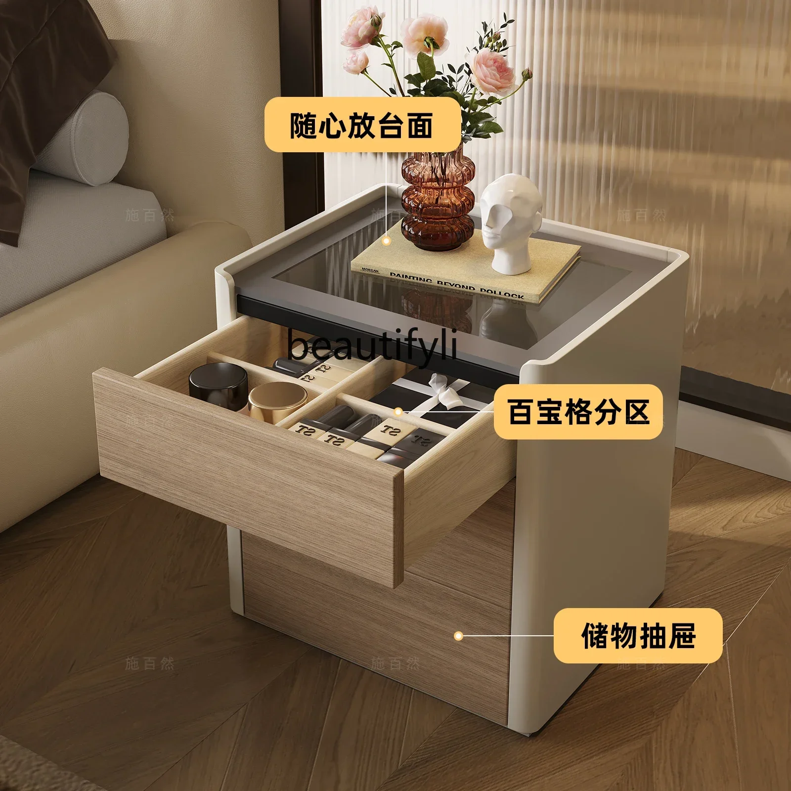 cc182Bedroom bedside table Italian minimalist paint bedside drawer cabinet light luxury storage three-bucket cabinet R