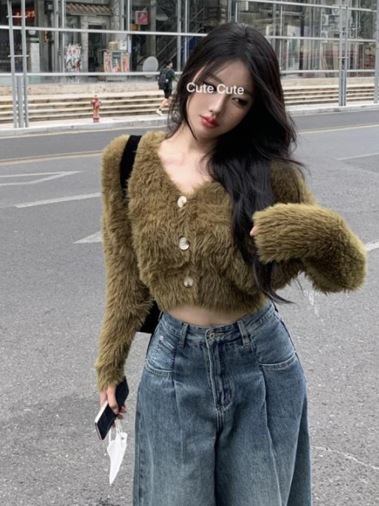 Women Fluffy Cardigans Sexy V-neck Crop Sweaters Knitted Outerwear Sweet College Streetwear Aesthetic Female Stylish Autumn Slim