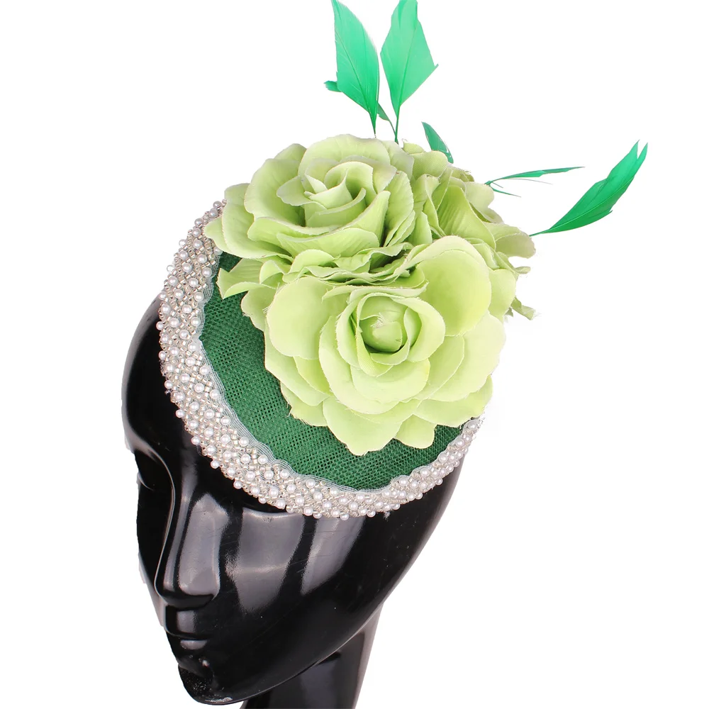 

Green Flowers Imitation Sinamay Chic Fascinator Hat For Women Feather Headwear Party Church Tea Ladies Marriage Hair Accessories