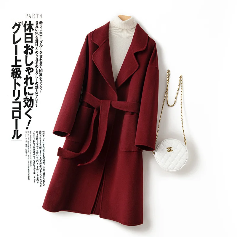 

2022 New Double sided Cashmere Coat Women's Autumn/Winter Albaka Long High end Hepburn Korean Edition Woolen Coat