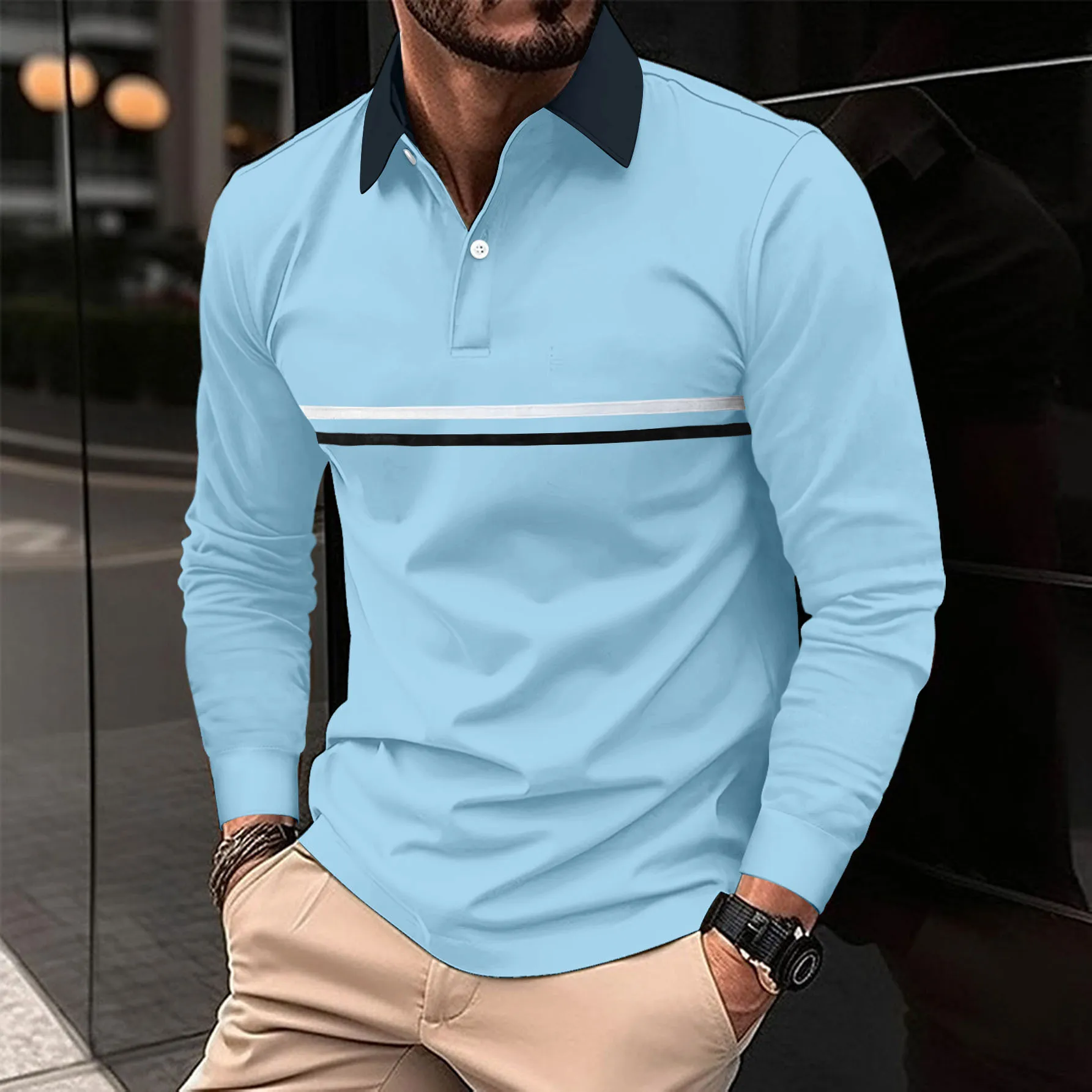 

2024 Spring and Autumn men's casual Polo shirt lapel buckle stitching stripes slim sports breathable golf fashion street wear