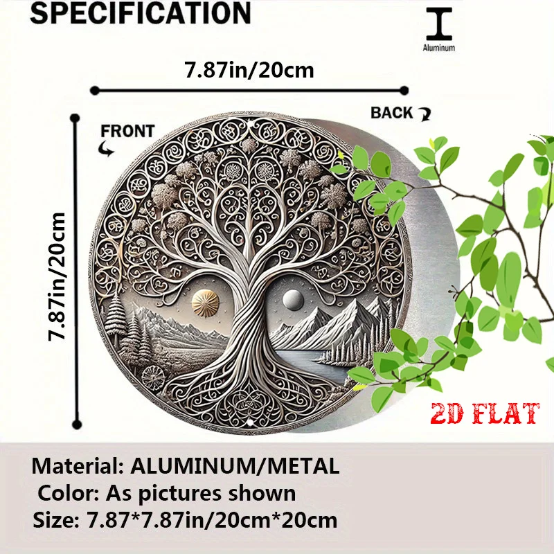 2D Flat 1pc Moon Sun Round Aluminum Sign, Tree of Life Metal Tin Plate, 7.8x7.8 Inch Circular Wall Decor - Sacred Mountain Metal