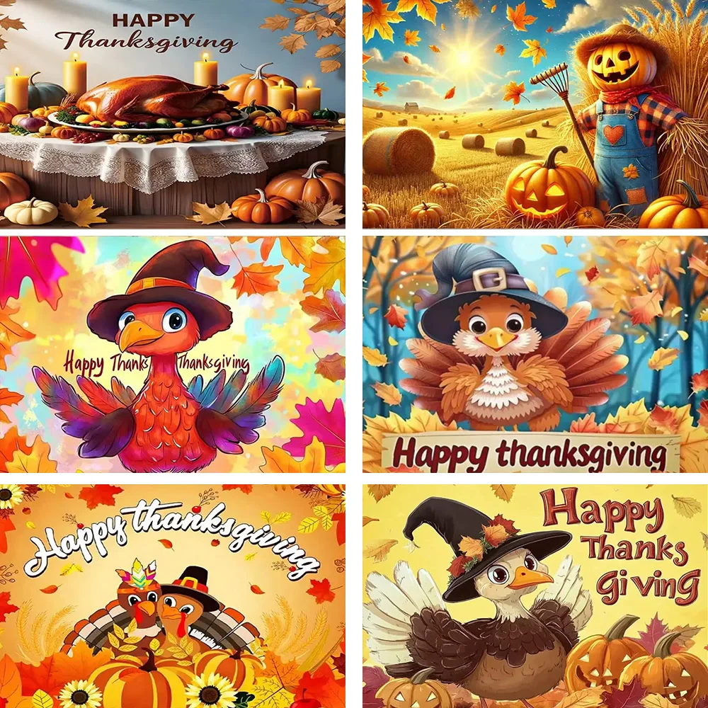 

Thanksgiving Day Theme Party Background Pumpkin Scarecrow Turkey Sunflowers and cuisine Decoration Backdrop Kids Gif