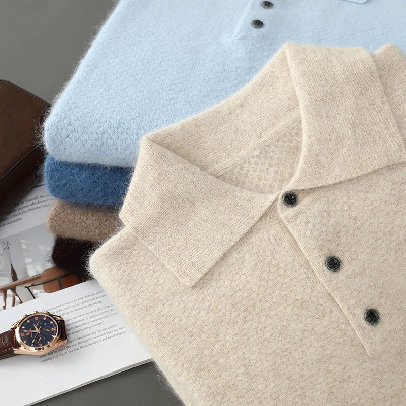 

Men's POLO Collar Pullover Sweater For Autumn Winter 100% pure mink Cashmere Knitted Sweater, Business Casual Long Sleeved Shirt
