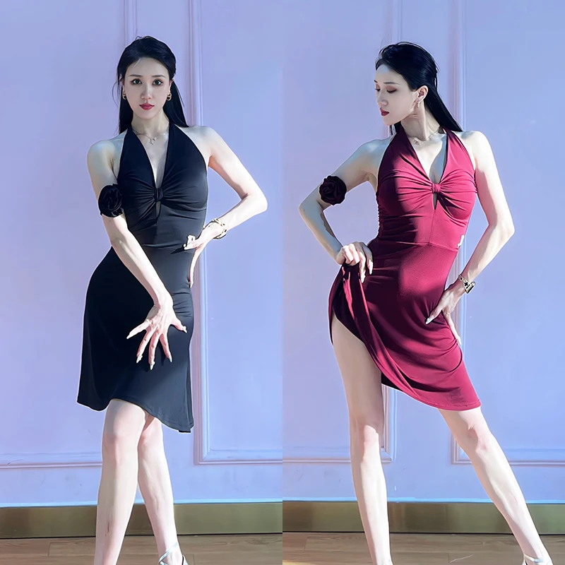 New Latin Dance Dress Backless Hanging Neck V-neck Dress Latin Dance Costume Performance Practice Clothes Samba Dacne DQL9514