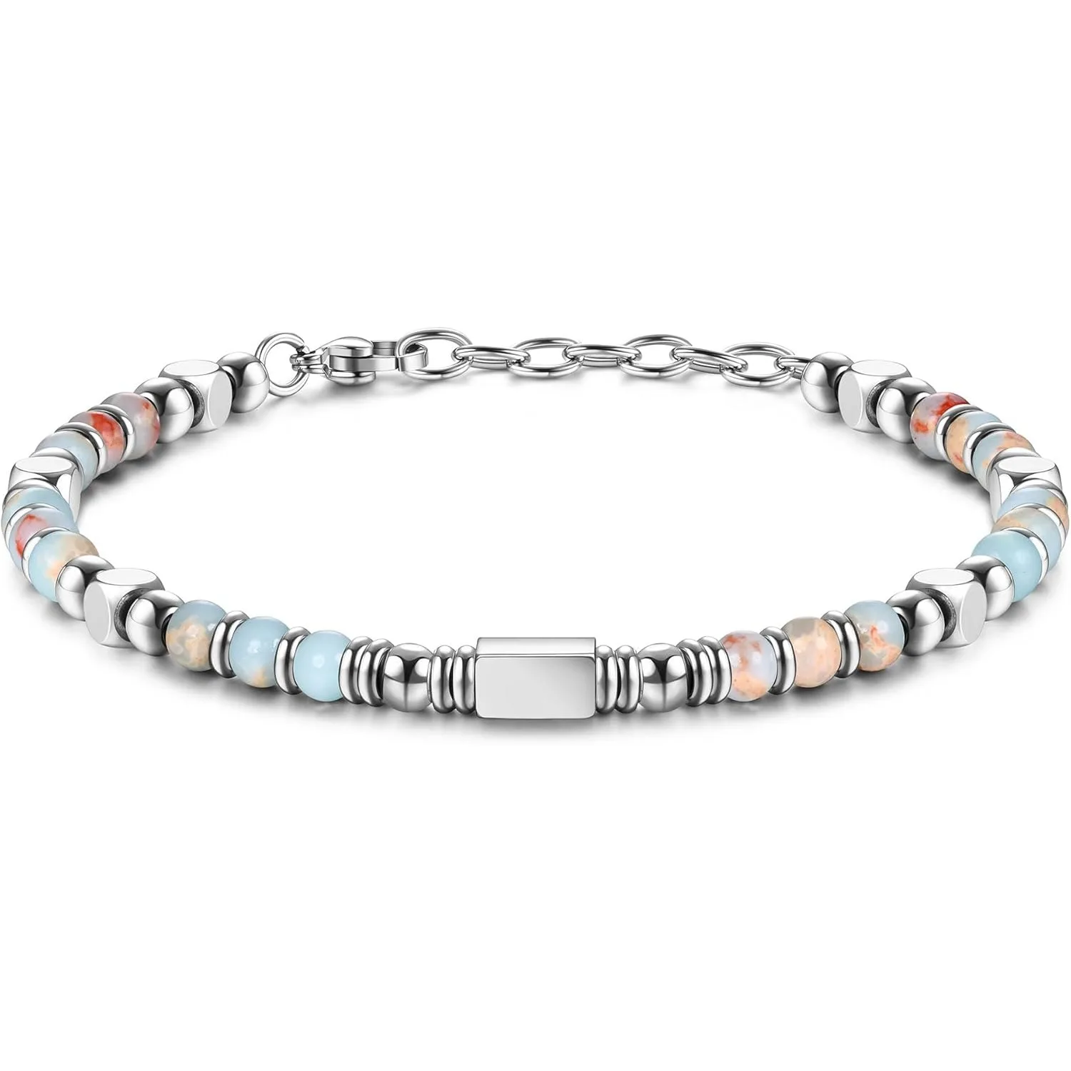 Beaded Bracelets for Women Men Stainless Steel Bracelet Pink Crystal Obsidian Tiger Eye Friendship Anxiety Silver-plated Bracelet Turquoise Jewellery 4MM