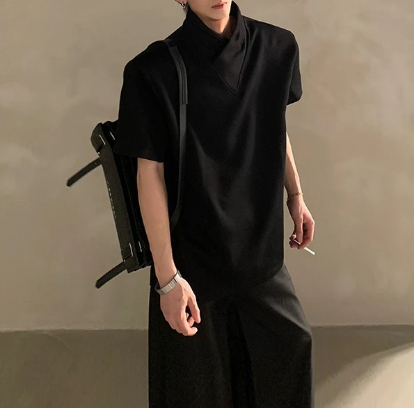 American Design Semi-turtleneck Short-sleeved T-shirt Men's Summer Senior Wear Black Shoulder Padded Half-sleeved Top