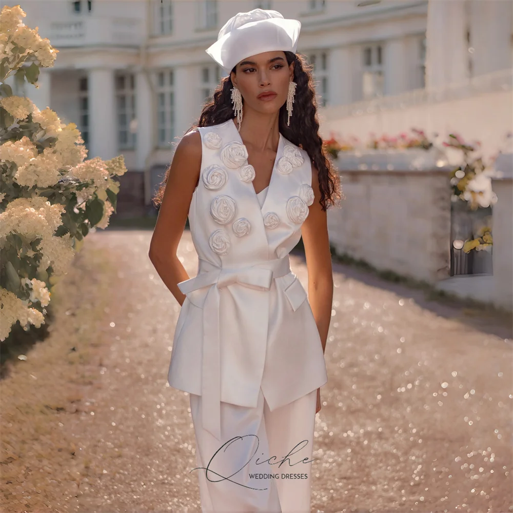 QICHE elegante mono De boda De flores para mujer 2026 con cuello en V De dos piezas sin mangas cinturón De satén Vestido De fiesta Vestido De Novia personalizado