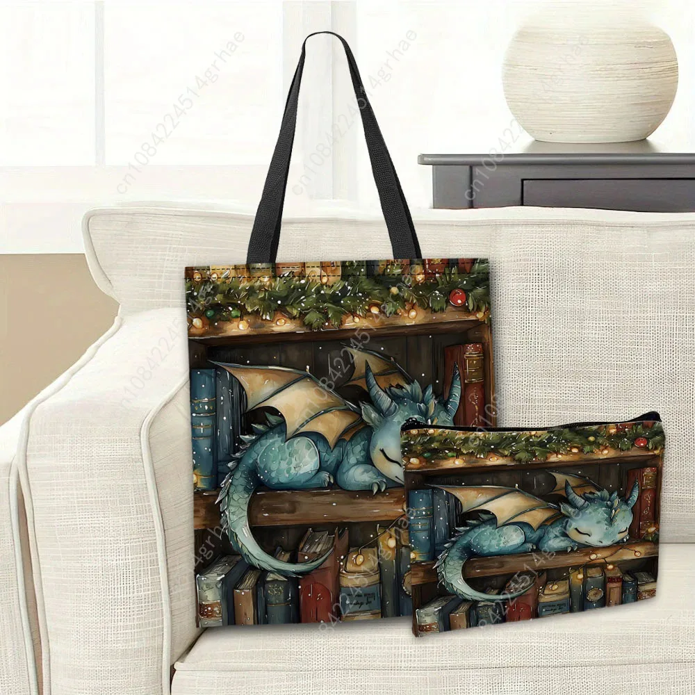 Elemen Natal Tas Jinjing Naga Kecil yang Sedang Tidur Kantong Makeup Tas Penyimpanan Belanja Kombinasi Praktis Tas Tangan Gaya Fantasi