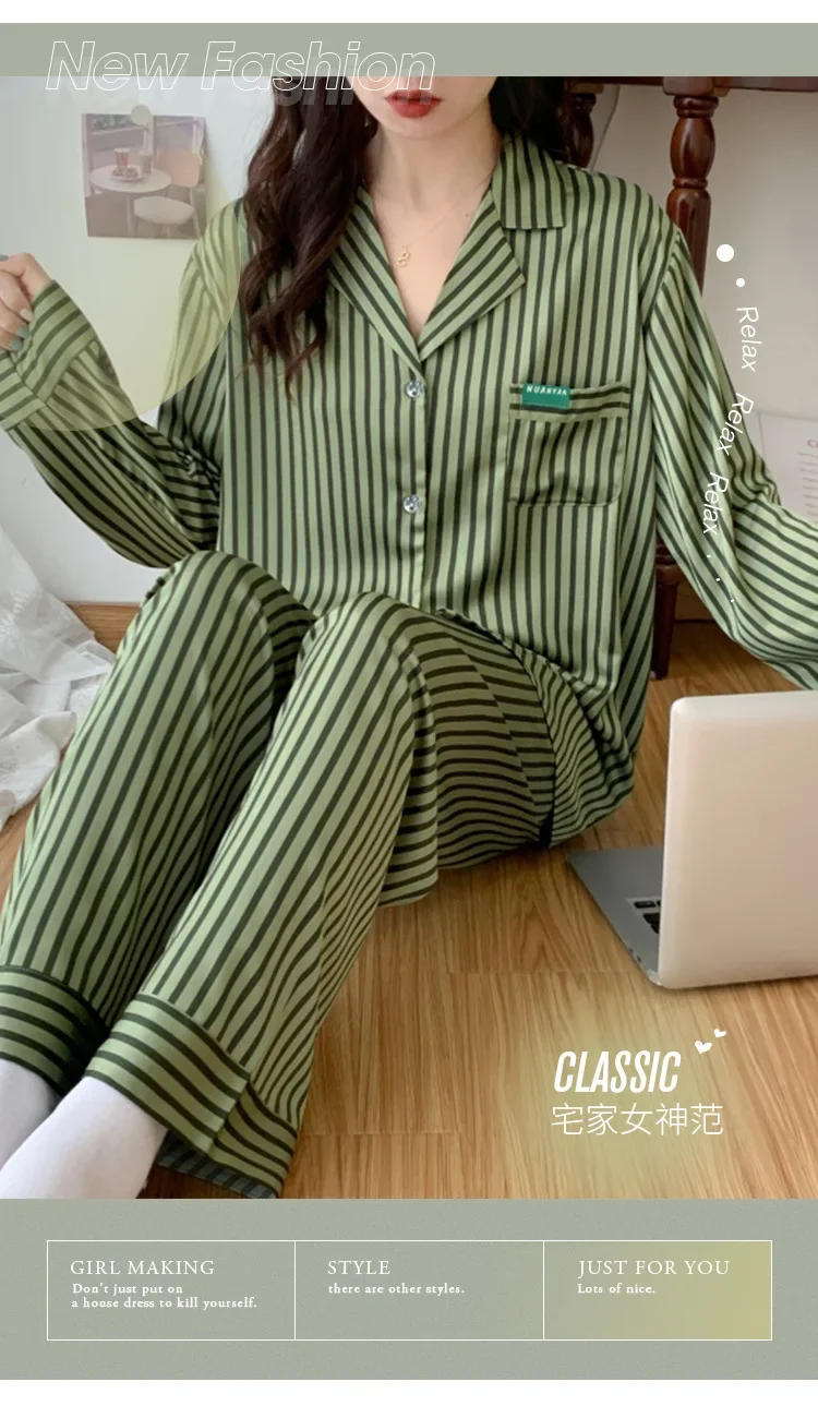 Women\'s Pajamas Sets Spring Autumn 2 Piece Striped Green Pyjama Faux Silk Satin Sleepwear Long Sleeve Pijama Mujer Pjs Homewear