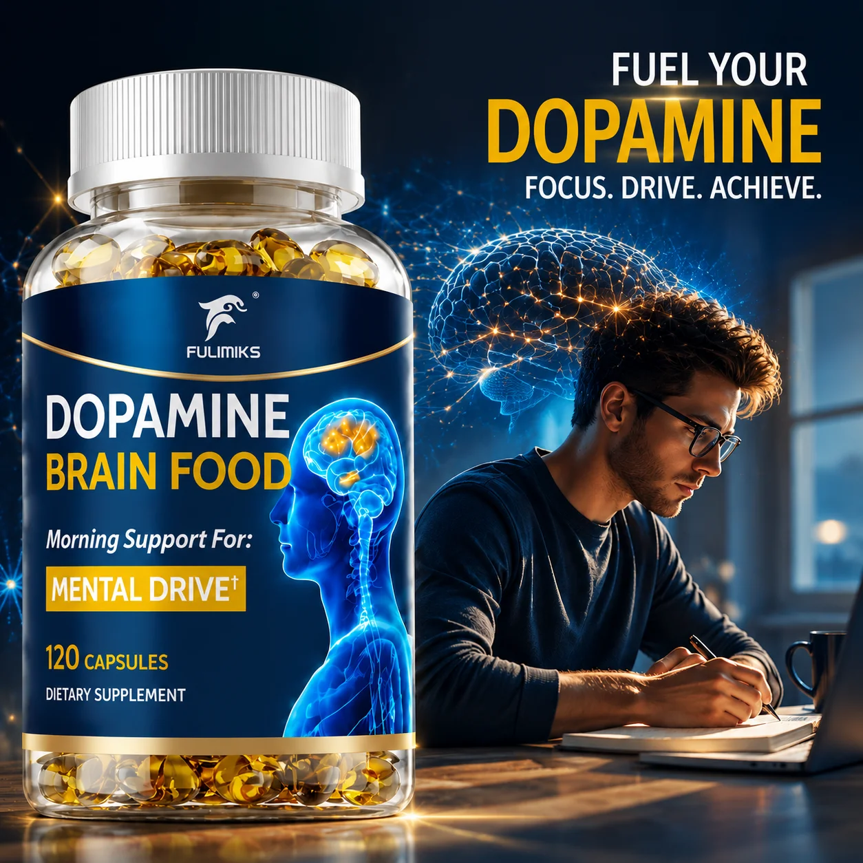 Dopamine Brain Food Supplement, Support Brain Health, Mental Drive, Focus & Concentration, Positive Mood, Clarity & Motivation