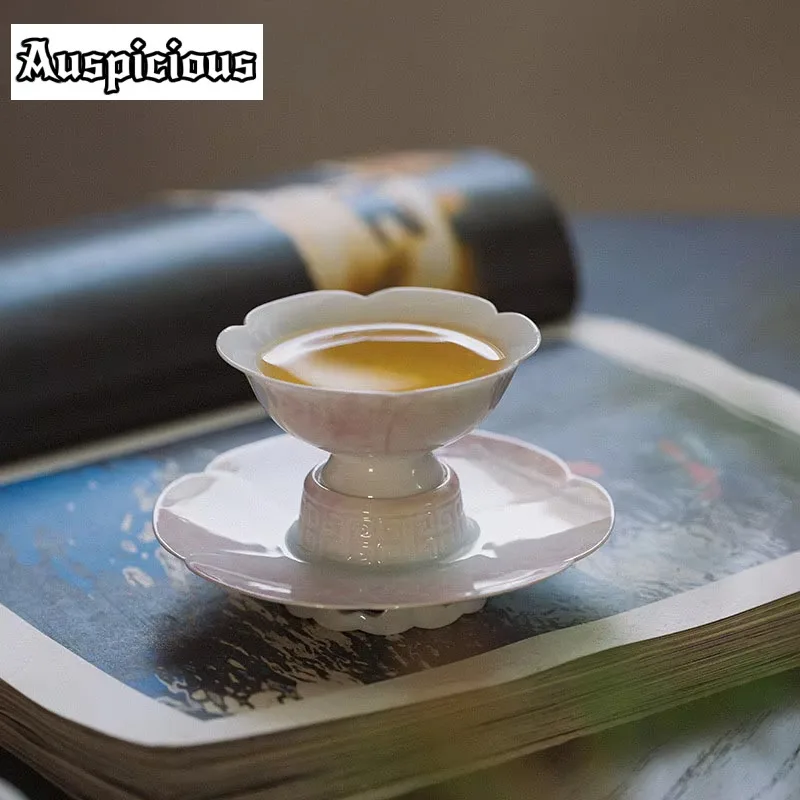 Pure Hand-painted Peach Powder Lotus Sunflower Mouth Tea Cup Household Ceramic Master Cup Single High Foot Tea Cup With Coaster