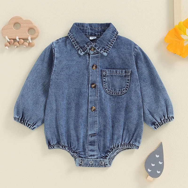 Infant Baby Clothing Boy Long Sleeve Lapel Collar Solid Denim Romper Playsuit Jumpsuit Newborn Boy Spring Autumn Clothes