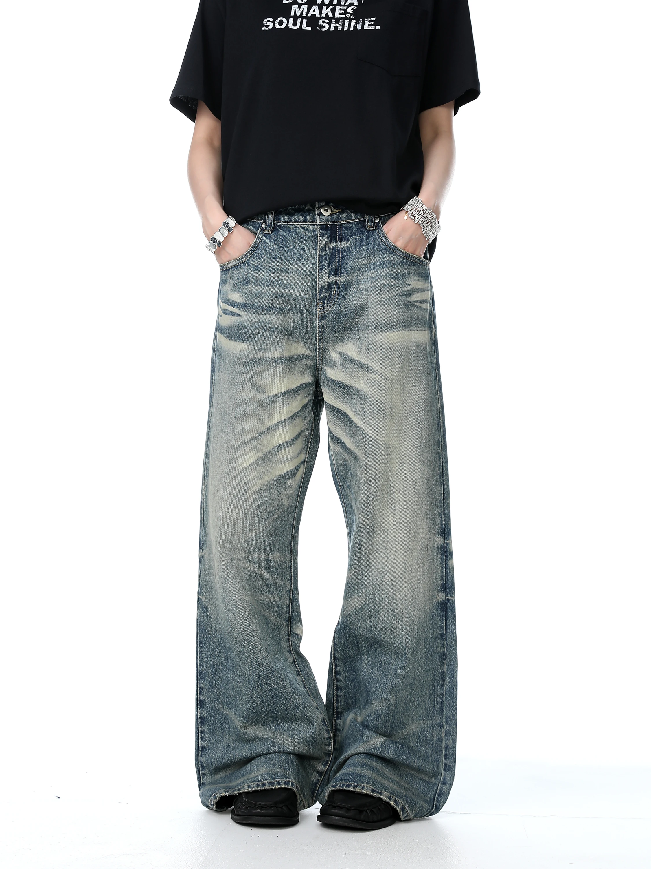 

American High Street Sle Men's Cleanfit Loose Wide Leg Jeans Straight Leg Distred Waed Denim Casual Straight Jeans