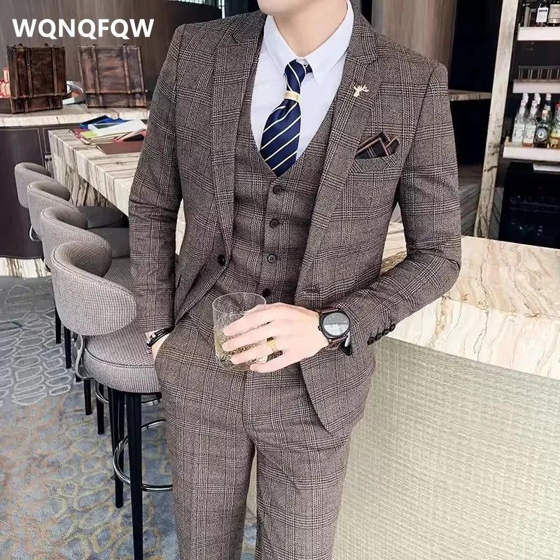 2027 Fashion Boutique Men's Lattice Formal Business 3Pcs Suit Set Plaid Wedding Groom Dress Jacket Vest Pants for Stage Show