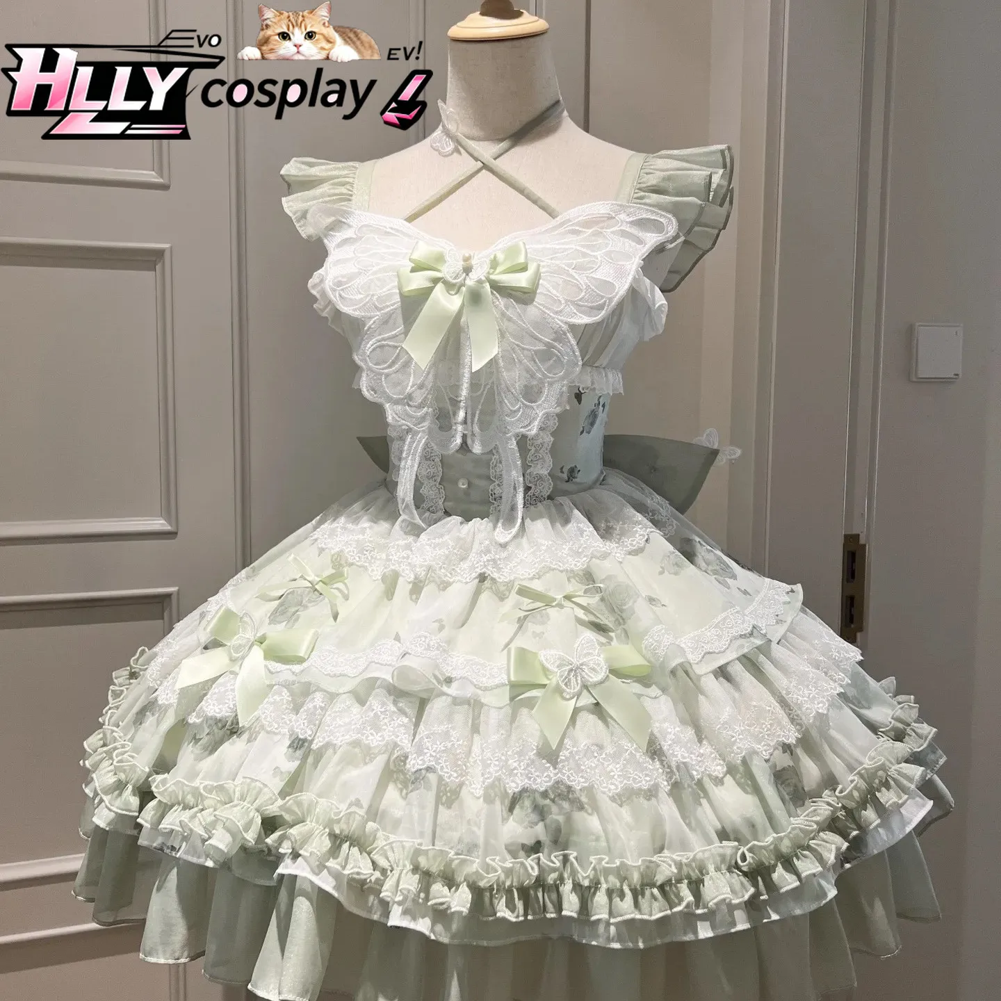 

White Green Lolita JSK Dress Summer Fresh Bow Suspender Short Dress for Birthday Party Travel Photography Princess Style