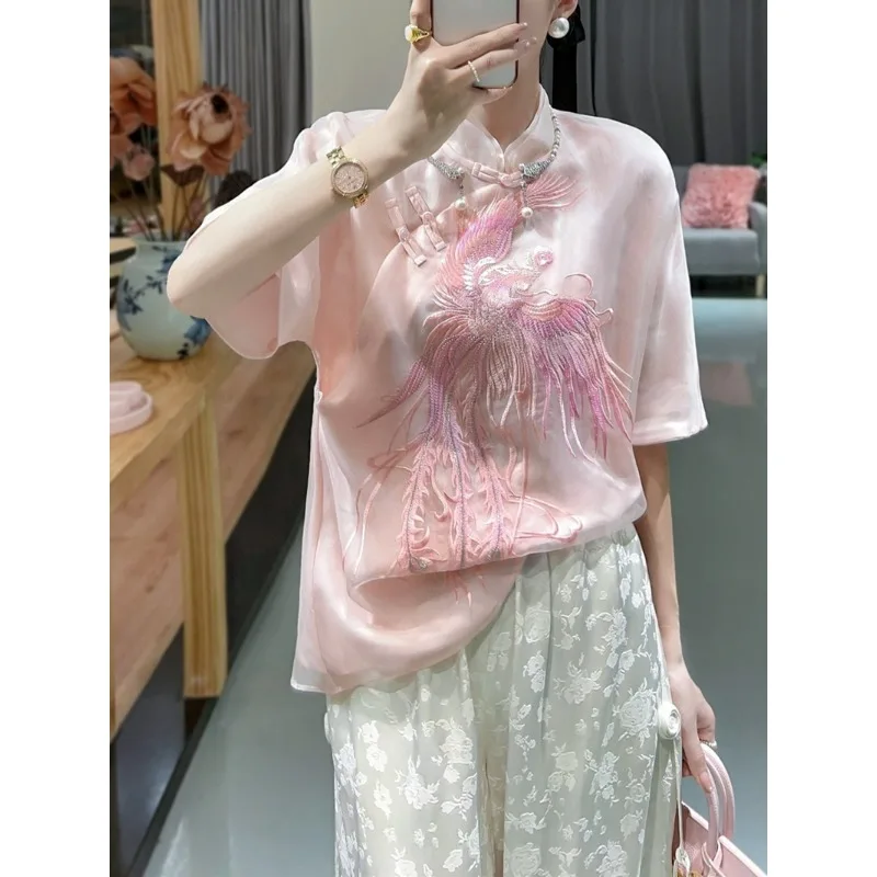 Exquisite Stand Collar Lace Phoenix Embroidery Short Sleeved Tang Suit Top Chinese Top for Women Elegant Buttoned Casual Clothes