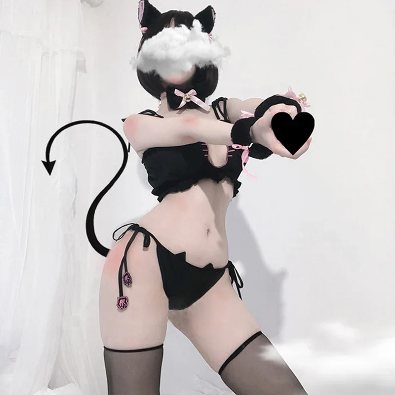 

Hot Cosplay Sexy Women Open Bra Lingerie Cat Uniform Hollow Lenceria Sexi Cat Ear Kawaii Babydoll Chemise Erotic Set