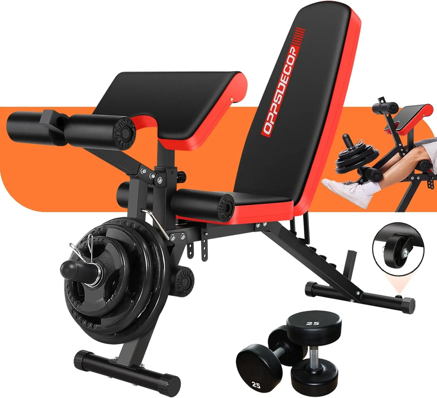 Heimfitness-Trainingsbank - Metallmaterial, Graue Farbe, 800LBS Hochbelastbar, Verstellbar, mit Beinverlängerung und Curl-Funktion, Räder