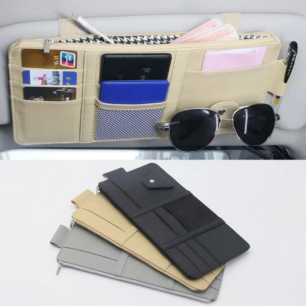 

New PU Leather Car Sun Visor Organizer with Card Holder Storage Multifunctional Auto Sun Visor Zipper Type Sunglasses Clip Car