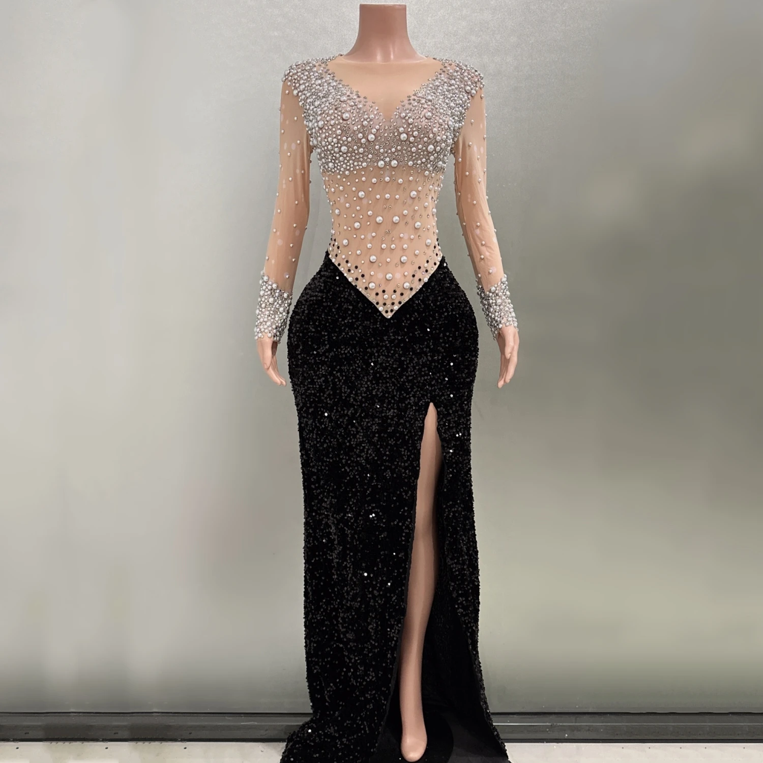 

Luxury Rhinstones Shinning Diamonds Sexy Slit Sheath Dress Evening Party Performance Costume Nightclub Singer Dancer Stage Wear