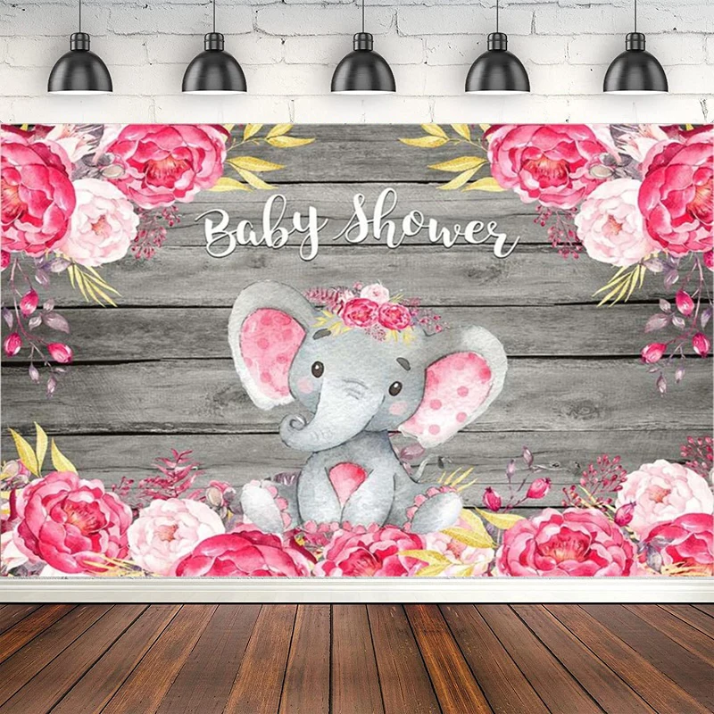 خلفية للتصوير الفوتوغرافي على شكل فيل على شكل زهور وردية لحفلات استقبال المولود الجديد، ملصق ديكور لوح خشبي لحديثي الولادة، لافتة صور