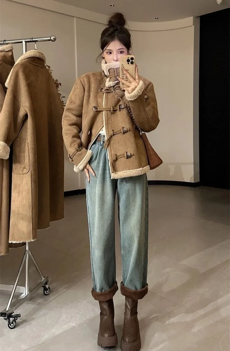 Vintage Winter Shearling Bontjassen Vrouwen Suède Jas Elegtant PU Leer Bomber Jassen Outerwears Mode Vrouwen Winter Kleding