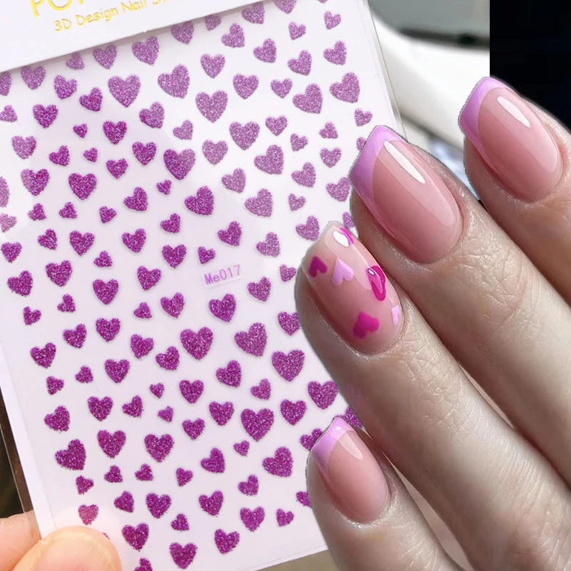 Nail Art 3d Stickers Valentine Day Shine Glitters Red Rosepink Love Hearts Adhesive Sliders Decals Decorated Nail Manicures