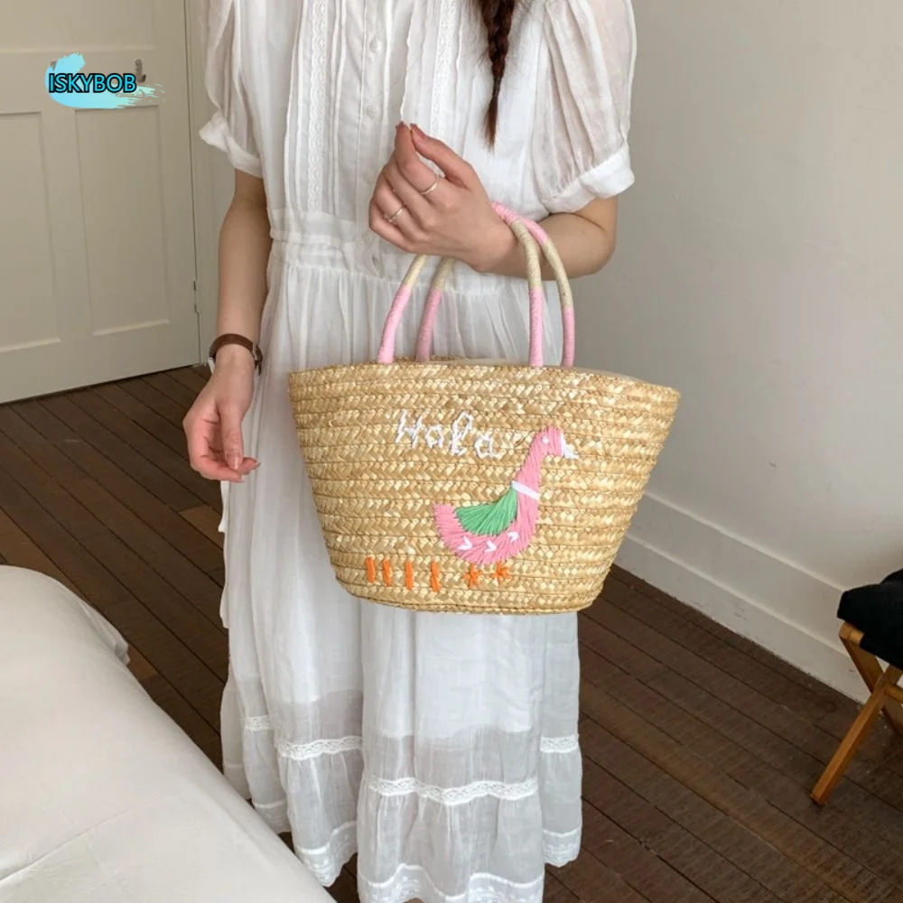 

Large Capacity Coconut Tree Embroidery Straw Bag Grass Fashion Summer Beach Bag Embroidered Duck Simple Vegetable Basket Bag